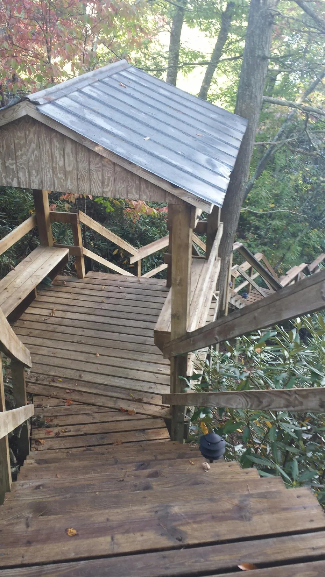 Metal roofed shelter over wooden steps on a wooded walkway — Skylight Repair & Installation work by our crew in Nokomis